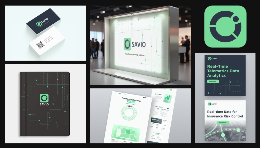 SAVIO brand board with business cards, signage, notebook, website, icon, and social applications