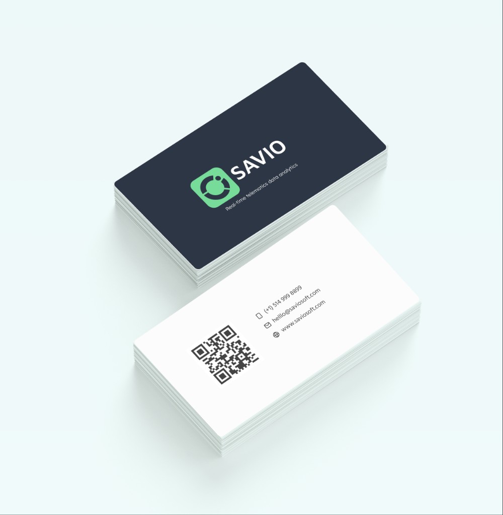 SAVIO business cards with logo, contact details, and QR code