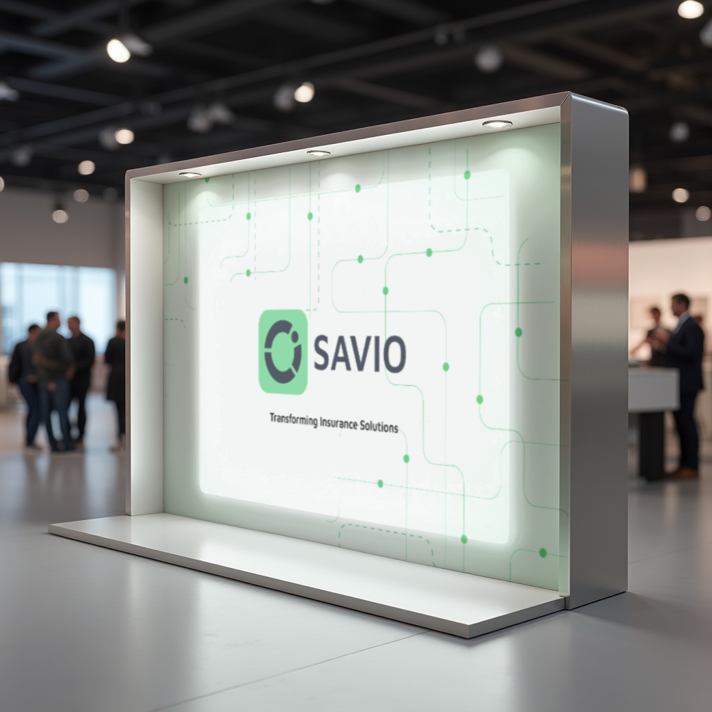 SAVIO illuminated exhibition signage with pattern and logo