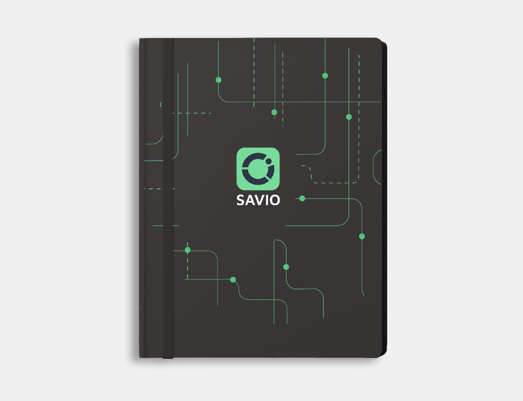 Black SAVIO notebook cover with green data path pattern