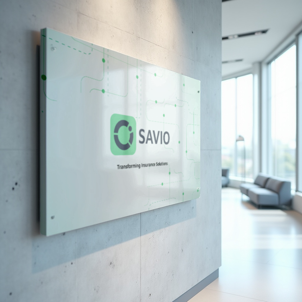 SAVIO office wall signage with logo and green data pattern