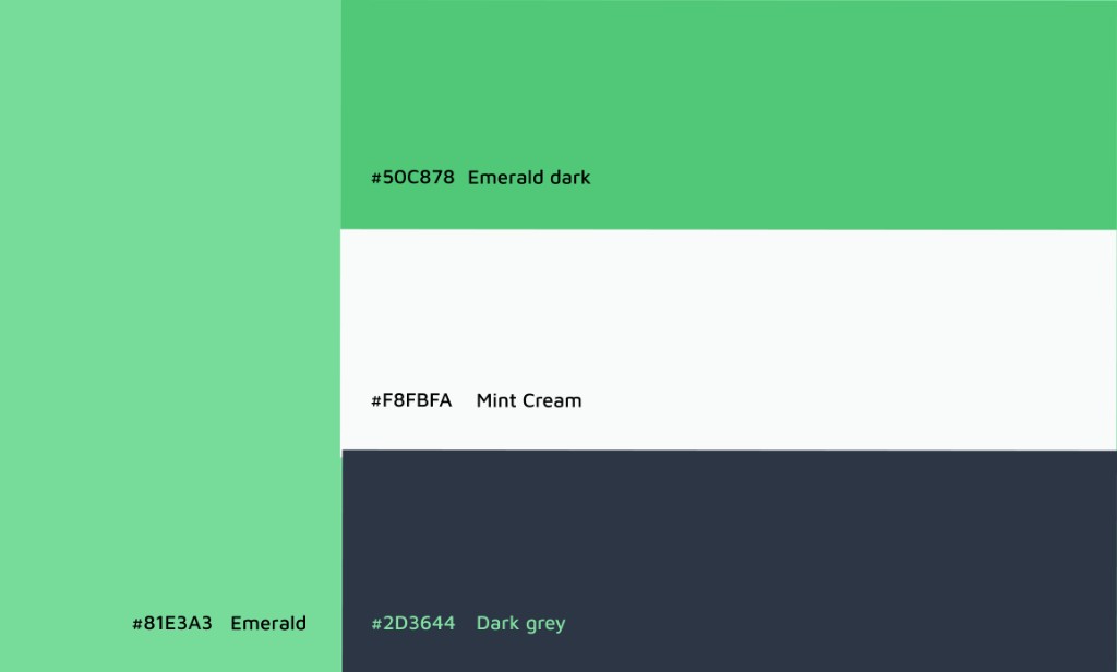 SAVIO color palette with emerald, emerald dark, mint cream, and dark grey